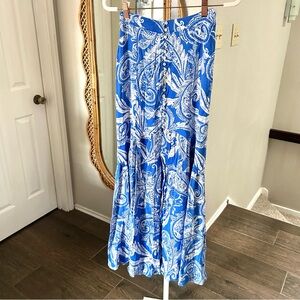 Free People / Boho Blue and White Paisley Maxi Skirt Lined Button Front Side Zip